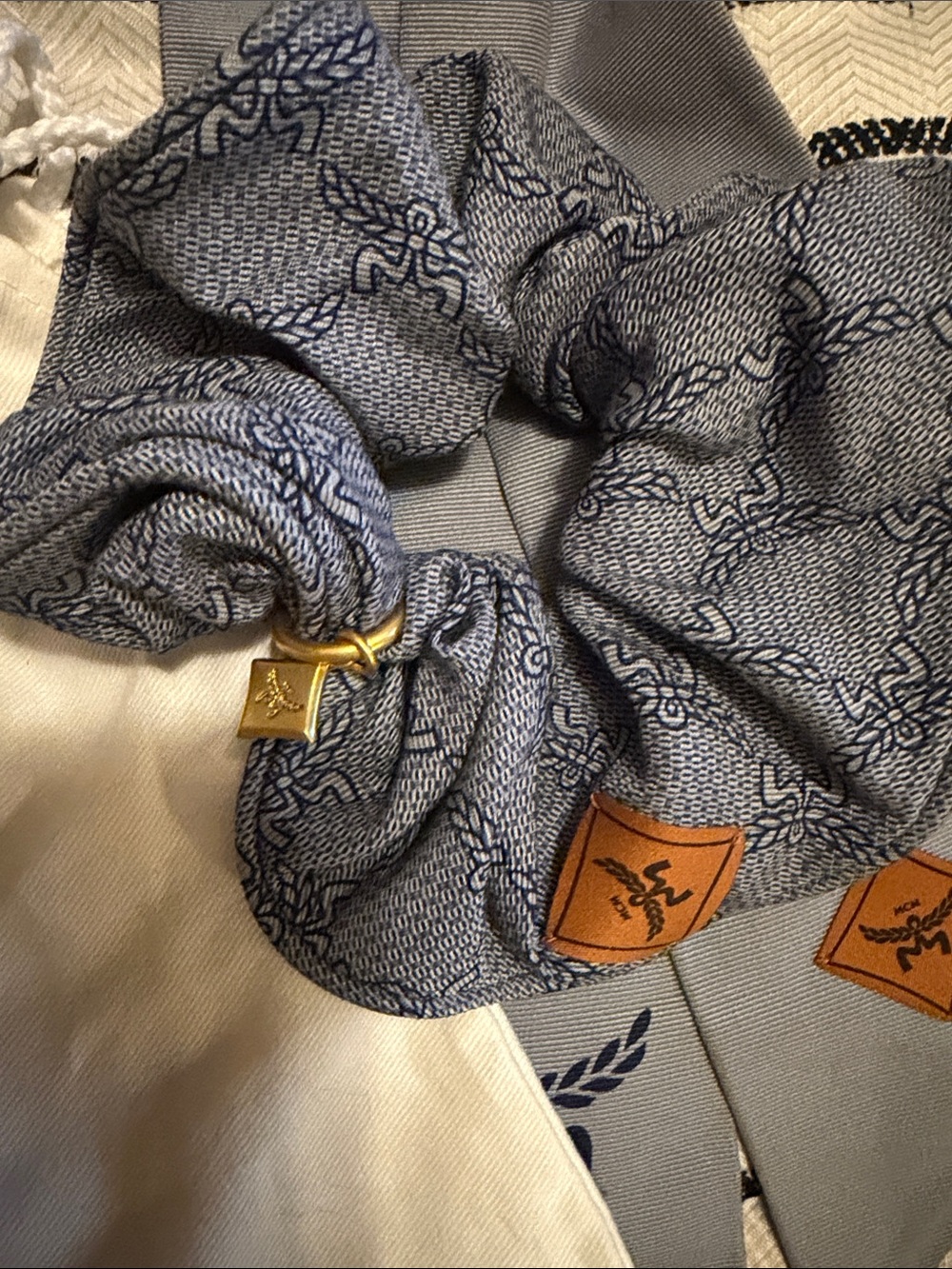 MCM Light Blue Monogram Scarf and Scrunchie Set with Gold Charm - Picture 4 of 7